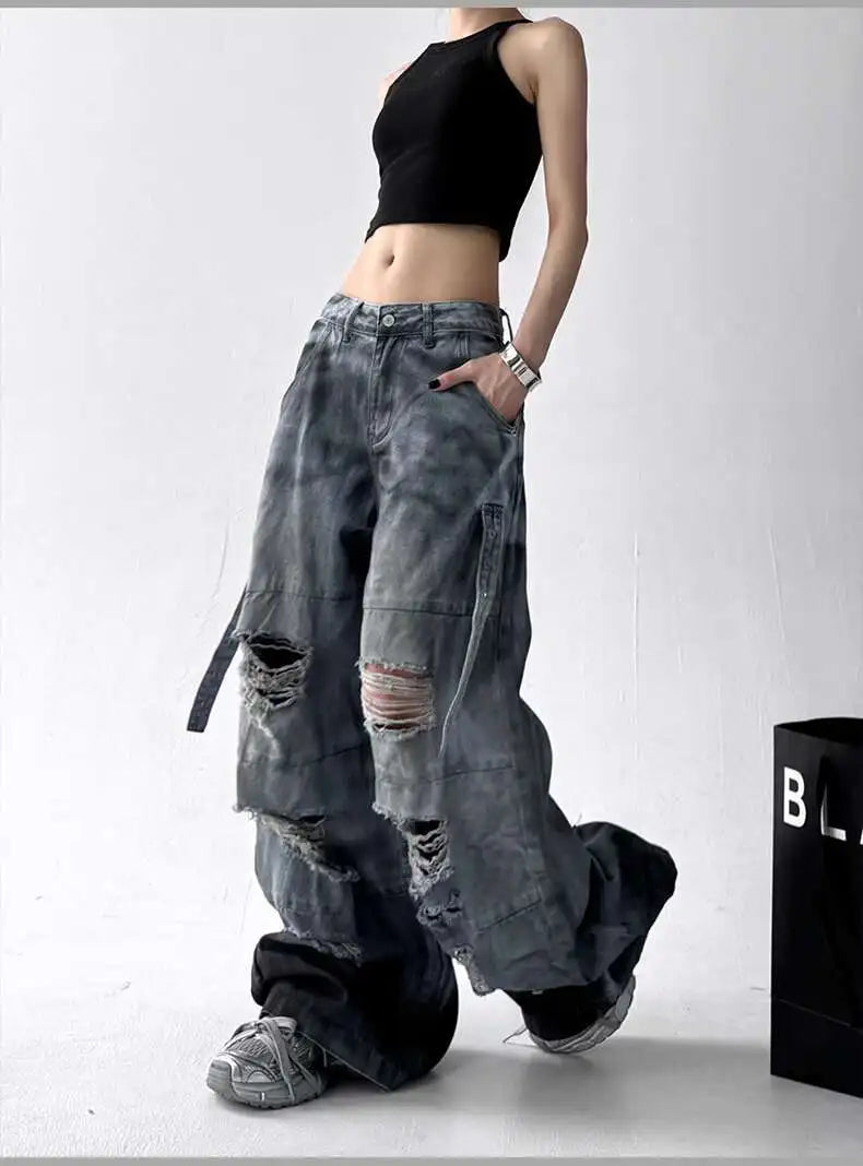 Women Jeans American High Street Ripped Straight Wide-Leg