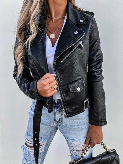 Women's PU Leather Motorcycle Jacket - British Style