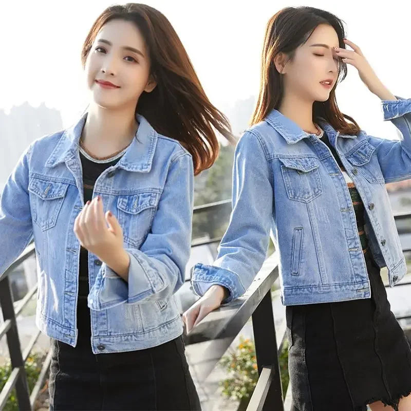 Spring Autumn Denim Jacket for Women Crop Plain Small Short Y2k Clothes Chic and Elegant Cowboy Coat Woman in Promotion New