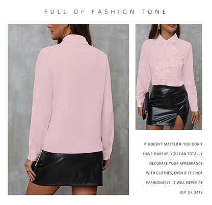 Elegant Women Blouse Ruffled Long Sleeve Office Shirt
