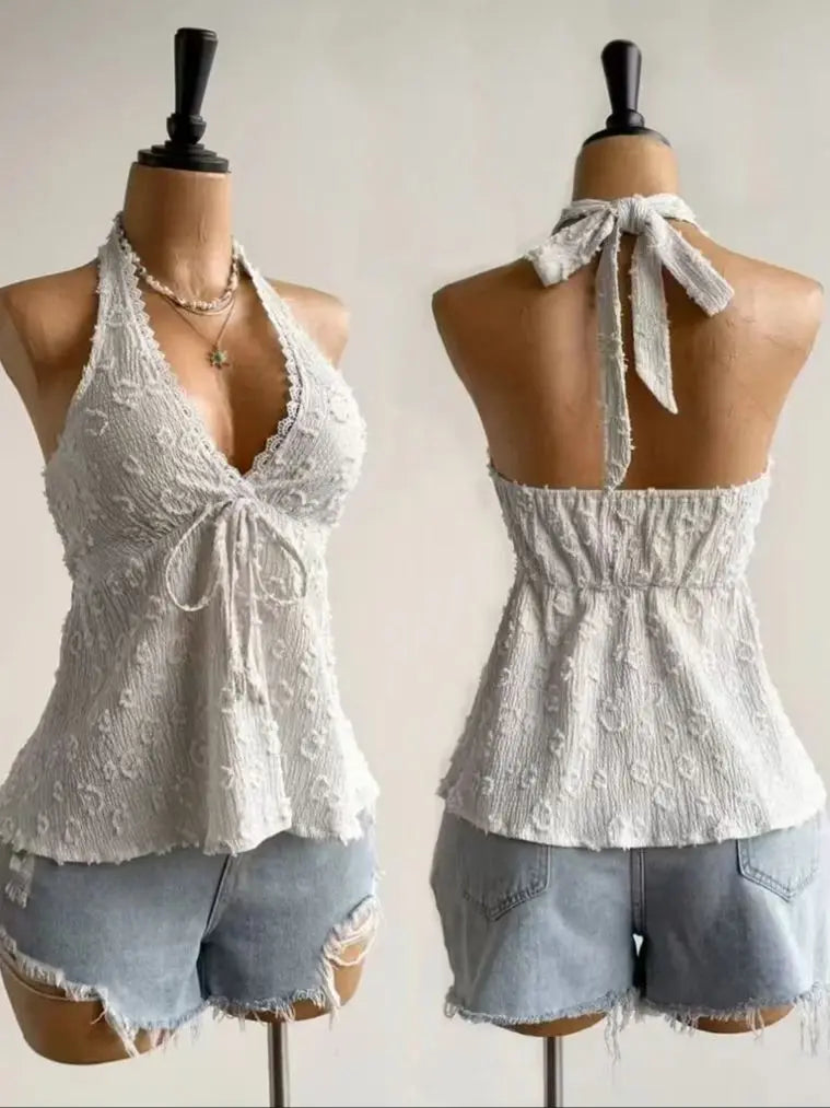 Women's V-Neck Lace Top - Summer Beach Vacation Top