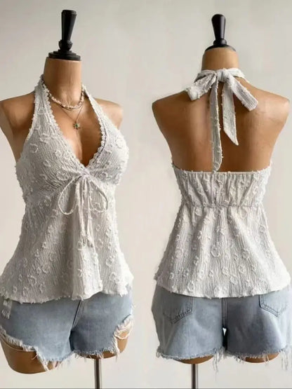 Women's V-Neck Lace Top - Summer Beach Vacation Top