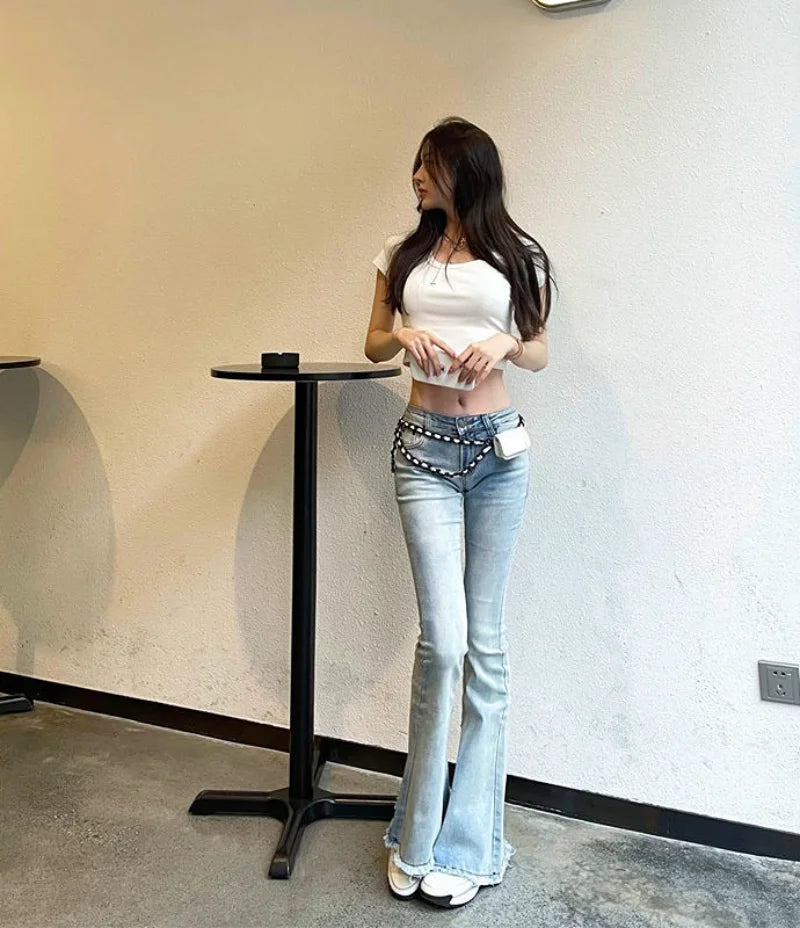 Womens Jeans Flared Trousers Blue Bell Bottom Y2K
