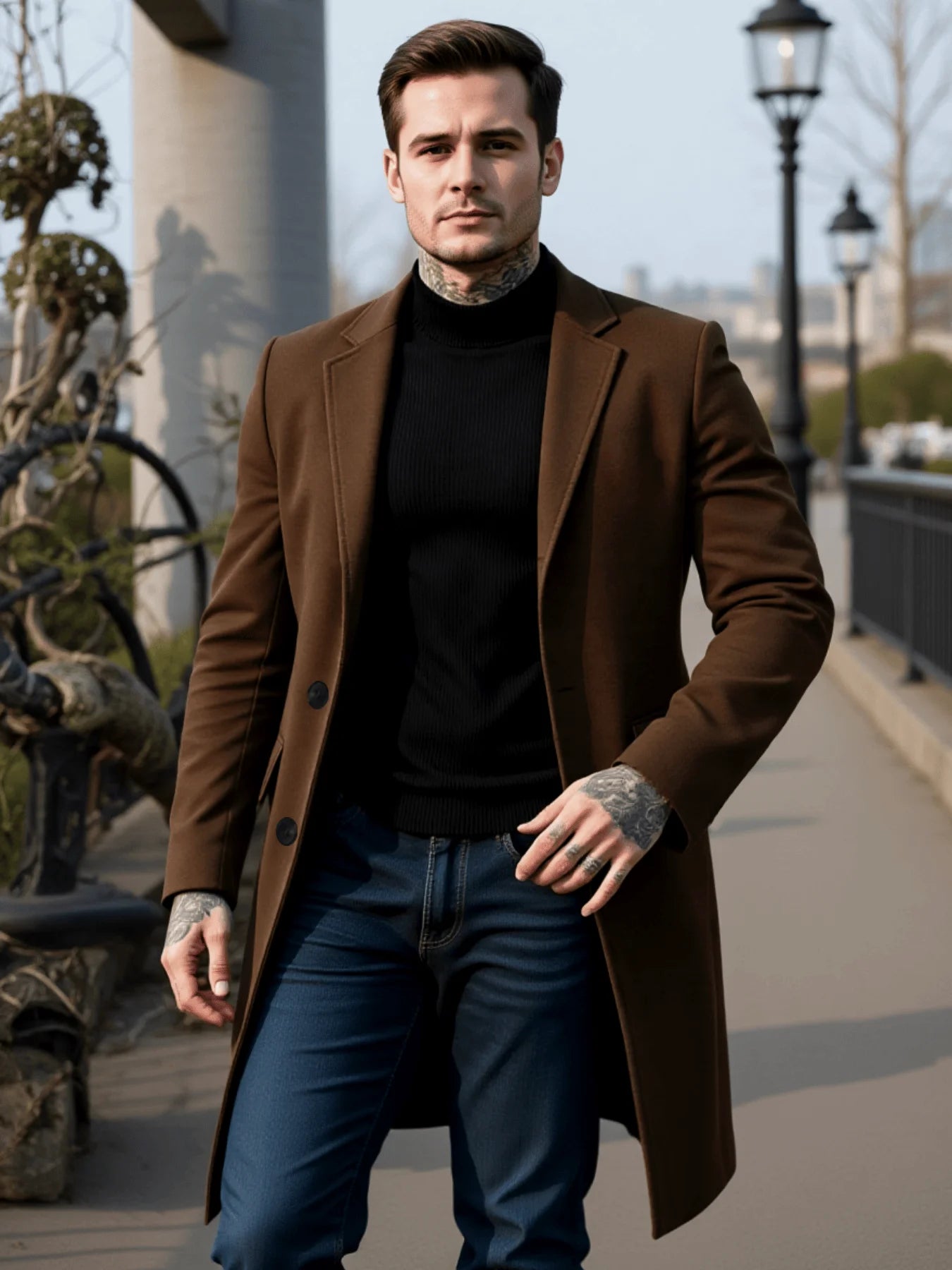 Men's Thickened Wool Single-Breasted Trench Coat