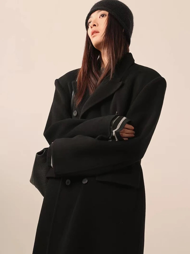 Women's Y2K Faux Wool Coat - Double Breasted Winter Jacket