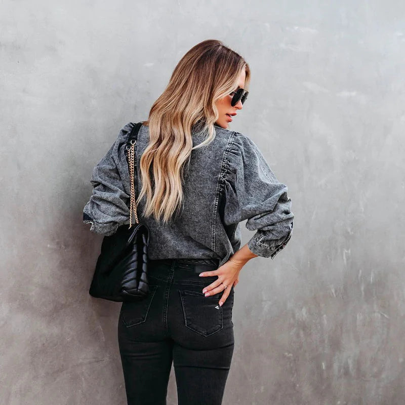 Women's Boho Denim Blouse Puff Sleeve Vintage Shirt