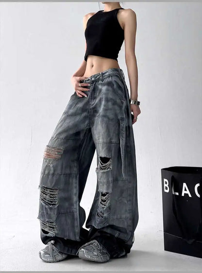 Women Jeans American High Street Ripped Straight Wide-Leg