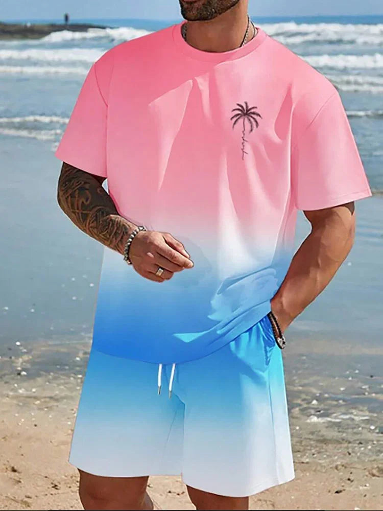 Men's 3D Gradient T-shirt and Shorts Set - Casual Sportswear