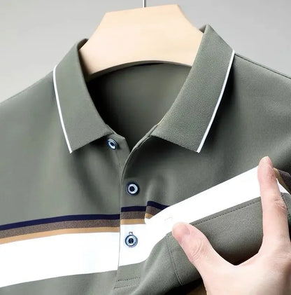 Short-sleeved T-shirt  Men Casual Versatile Loose Striped Real Pocket Lapel Polo Shirt Daddy Suit