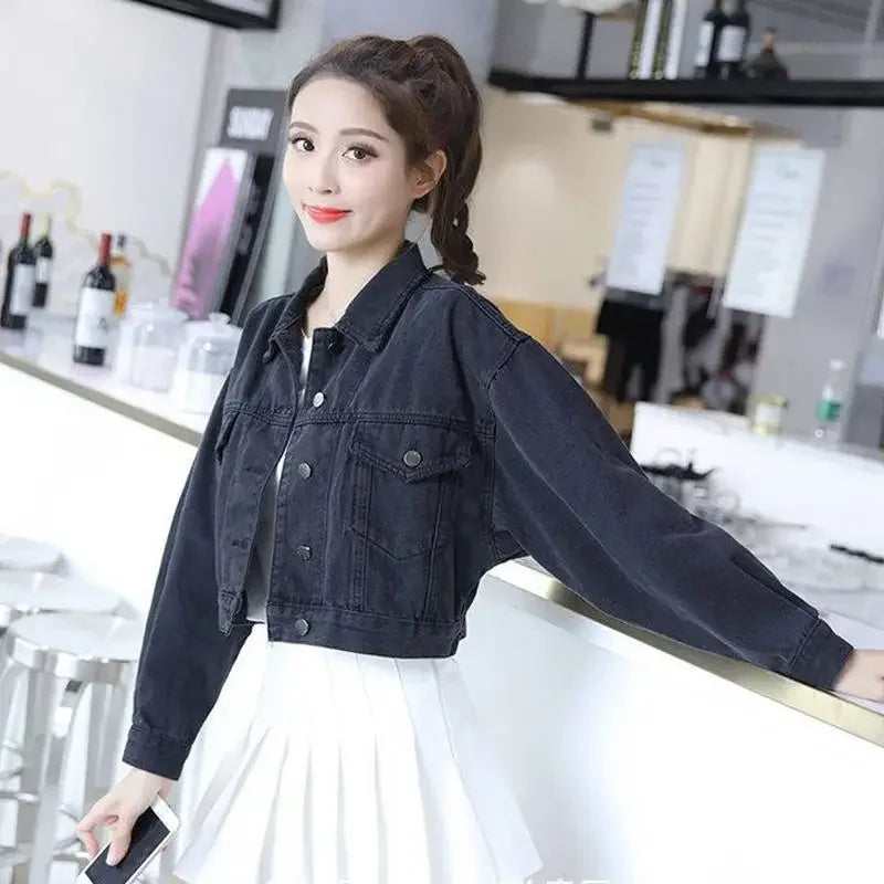 Spring Autumn Denim Jacket for Women Crop Plain Small Short Y2k Clothes Chic and Elegant Cowboy Coat Woman in Promotion New