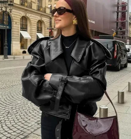 Casual Street Leather Jacket Women Solid Lapel Long Sleeved Belt Crop Female Coats 2025 Autumn Y2k Fashion Loose Pu Outwear Lady