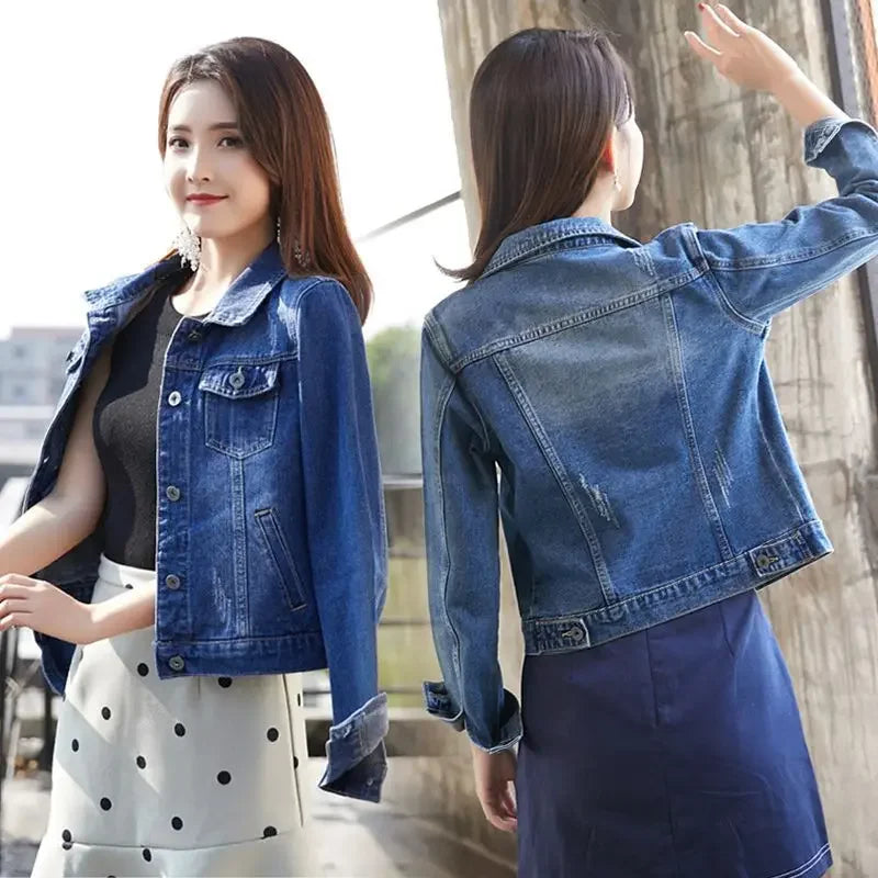 Spring Autumn Denim Jacket for Women Crop Plain Small Short Y2k Clothes Chic and Elegant Cowboy Coat Woman in Promotion New
