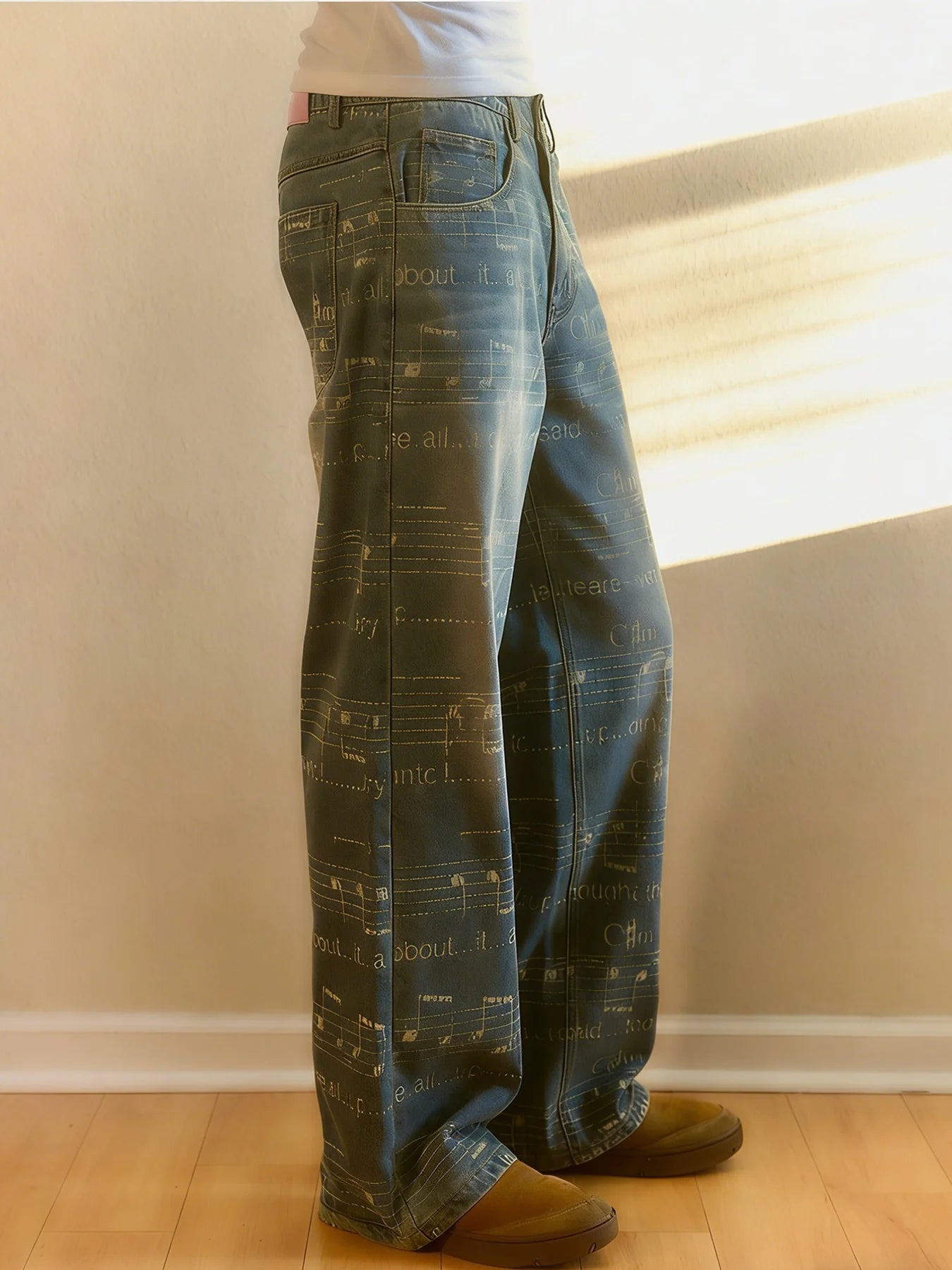 Düz Ayaqlı Yuyulmuş Naxışlı Denim Cins Şalvar - Boş Y2K