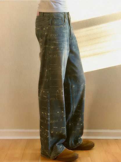 Düz Ayaqlı Yuyulmuş Naxışlı Denim Cins Şalvar - Boş Y2K