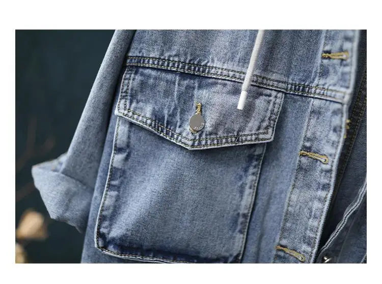 Korean Denim Jacket Women Hooded Vintage