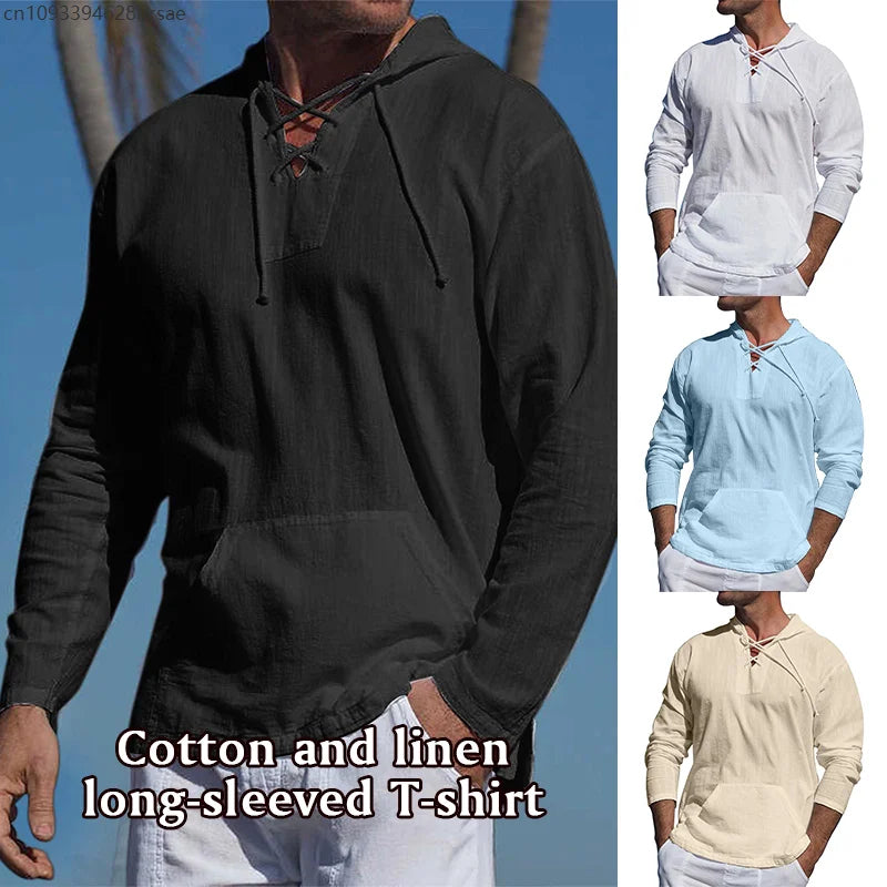 Men's Cotton Linen Hooded Sports Shirt