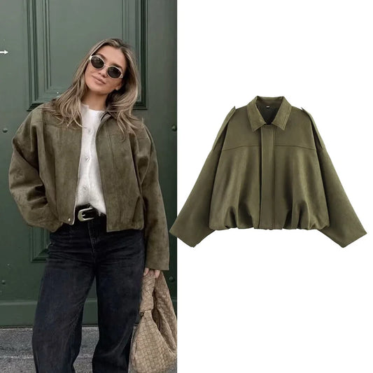 Women's Bomber Jackets Coats Fashion Turn-Down Collar Vintage