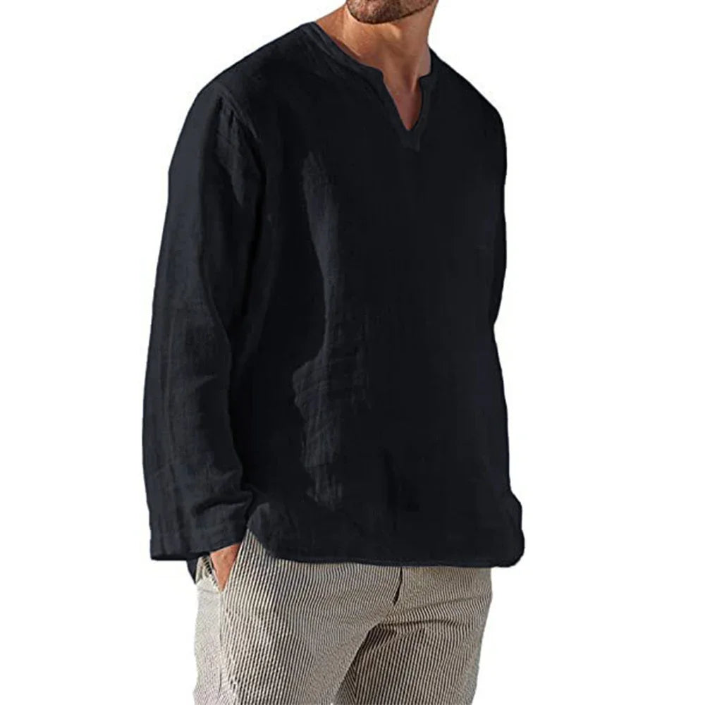 Men's Cotton Linen V-Neck Hawaiian T-Shirt