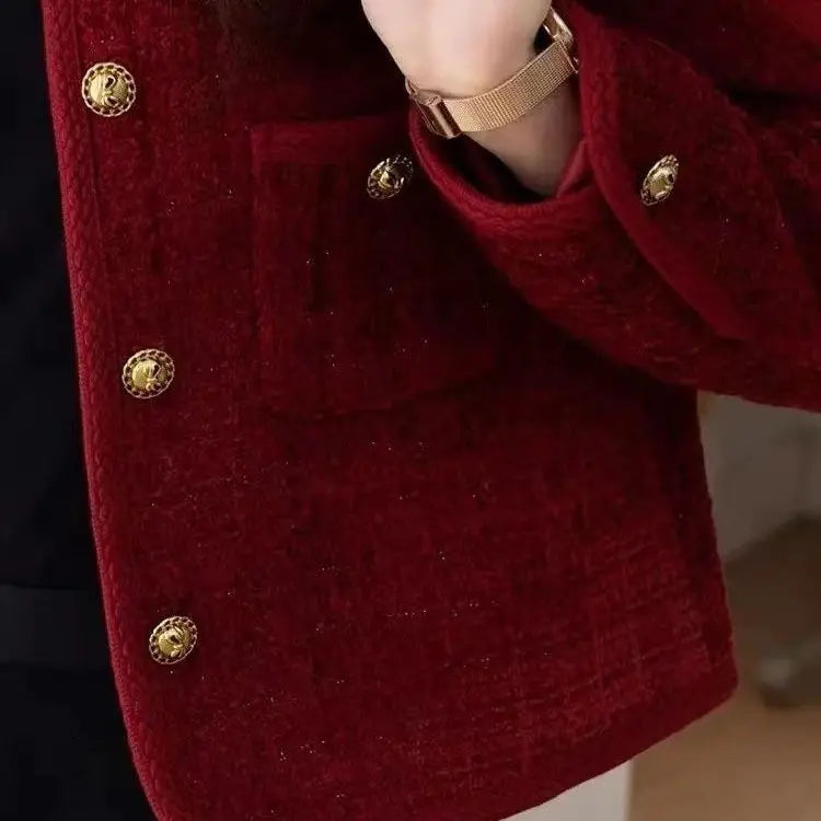 Women's Jacket 2026 Spring Autumn Red Tweed Small Fragrance