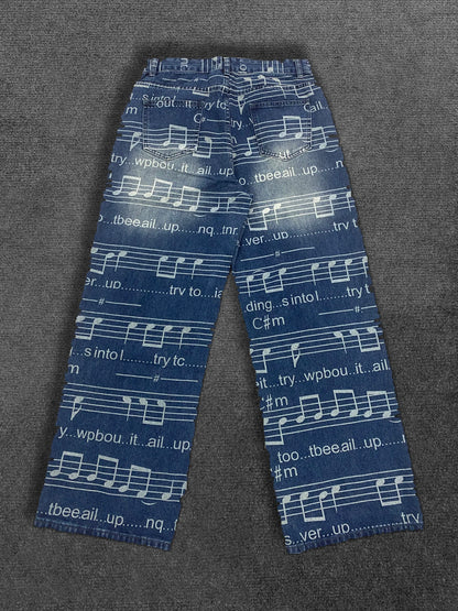 Düz Ayaqlı Yuyulmuş Naxışlı Denim Cins Şalvar - Boş Y2K