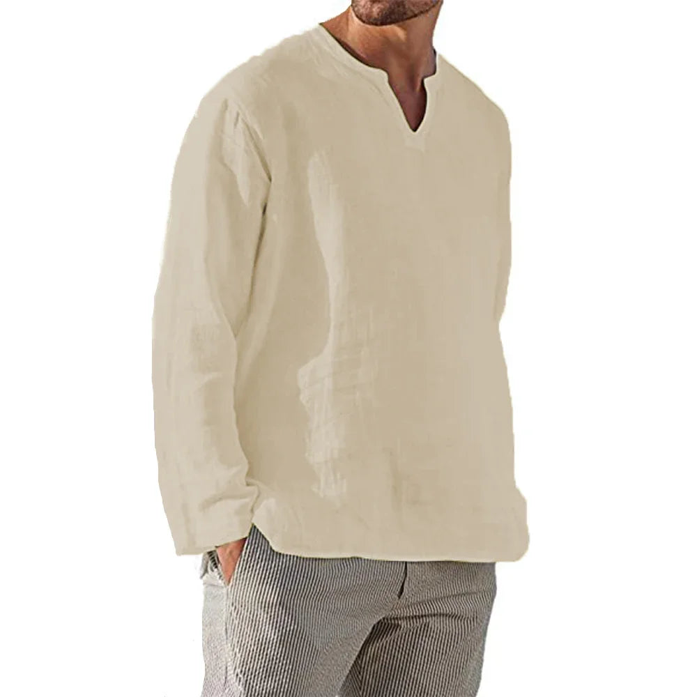 Men's Cotton Linen V-Neck Hawaiian T-Shirt