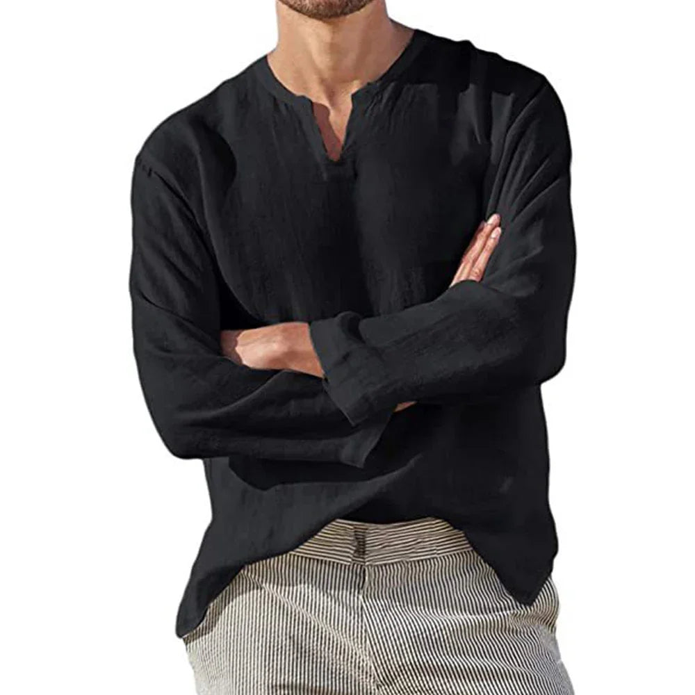Men's Cotton Linen V-Neck Hawaiian T-Shirt