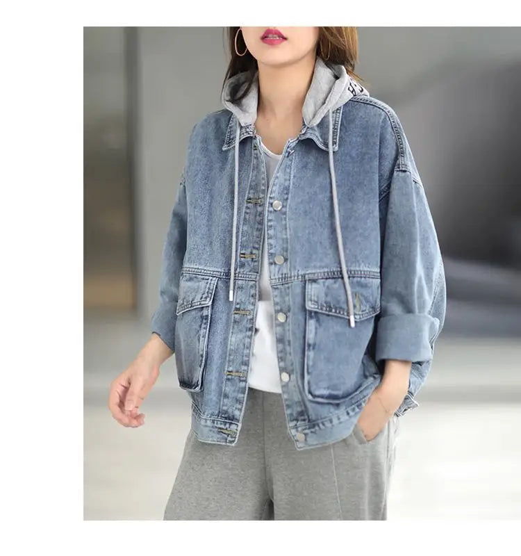 Korean Denim Jacket Women Hooded Vintage