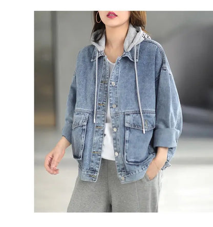 Korean Denim Jacket Women Hooded Vintage