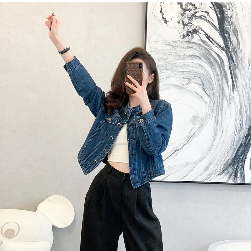 Vintage Women's O-Neck Denim Jacket Y2K