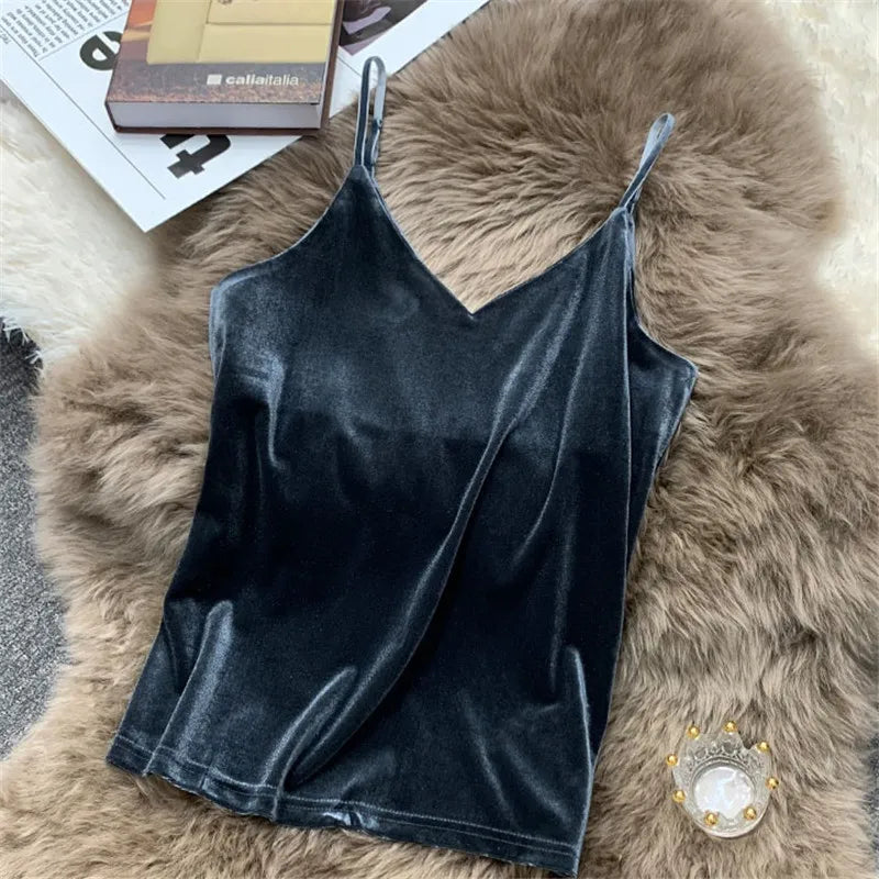 Women Velour Tank Crop Top - Korean Streetwear Camisole