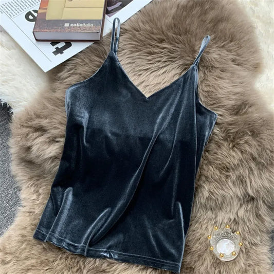 Women Velour Tank Crop Top - Korean Streetwear Camisole