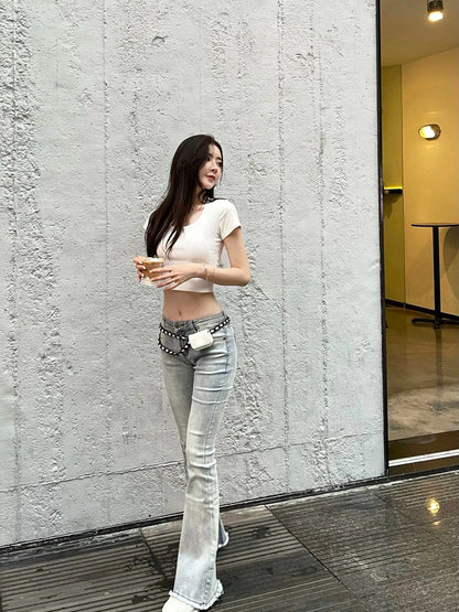 Womens Jeans Flared Trousers Blue Bell Bottom Y2K