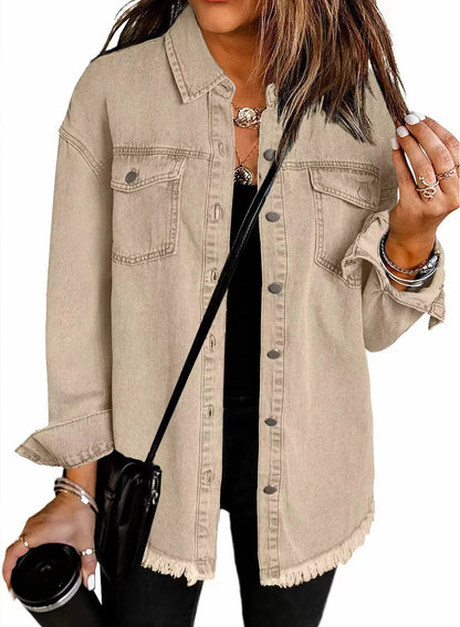 New washed denim shirt jacket for women autumn and winter personality street style edged hem jacket for women