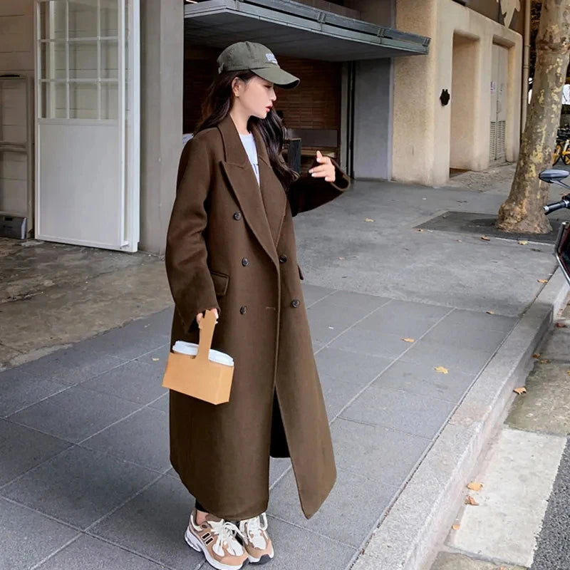 Women's Y2K Faux Wool Coat - Double Breasted Winter Jacket