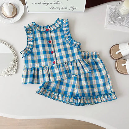Girls 3-Piece Summer Set - Plaid Sleeveless Top, Wide Leg Pants & Shorts (2T-7T)