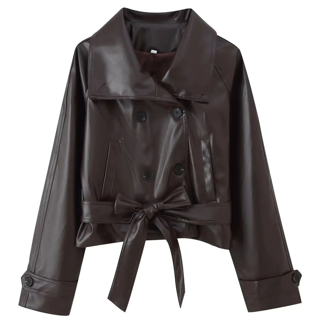 Women's Cropped Leather Jacket - Belt Lapel Double-Breasted Coat
