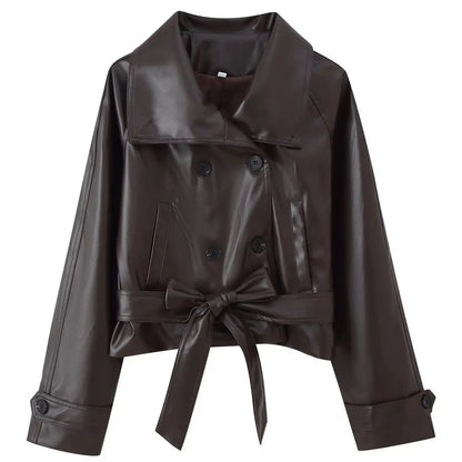 Women's Cropped Leather Jacket - Belt Lapel Double-Breasted Coat