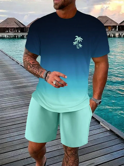 Men's 3D Gradient T-shirt and Shorts Set - Casual Sportswear