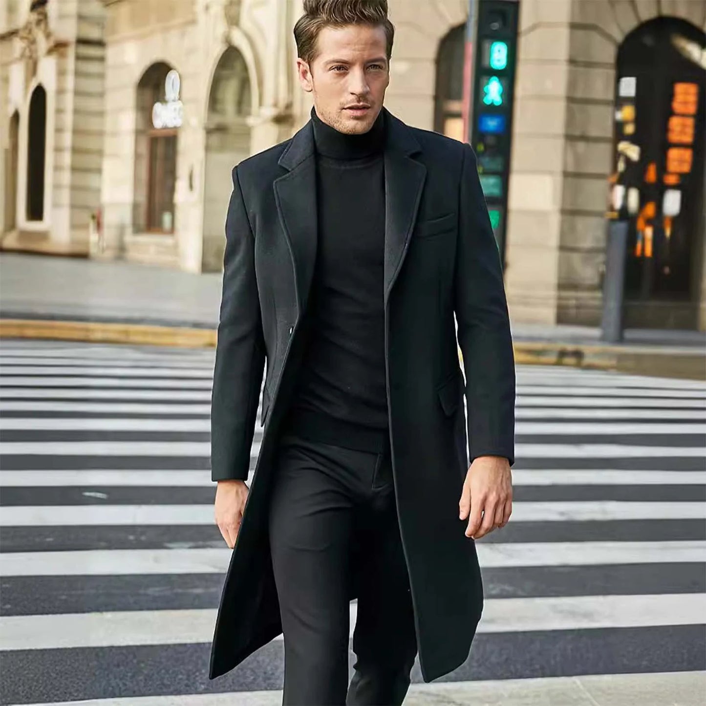 Men's Long Trench Coat - Slim-Fit Wool Jacket