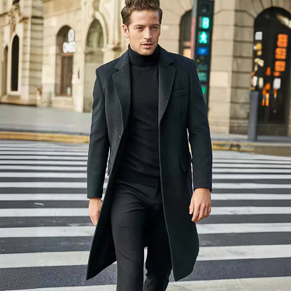 Men's Long Trench Coat - Slim-Fit Wool Jacket