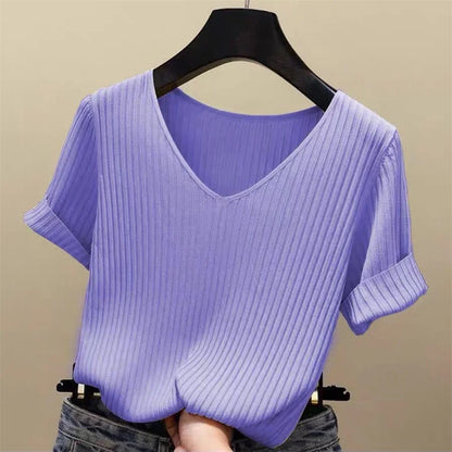 Women's Summer Blouse V-Neck Knitted Short Sleeve Top