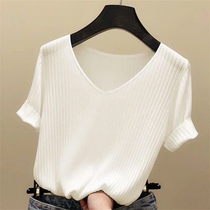 Women's Summer Blouse V-Neck Knitted Short Sleeve Top