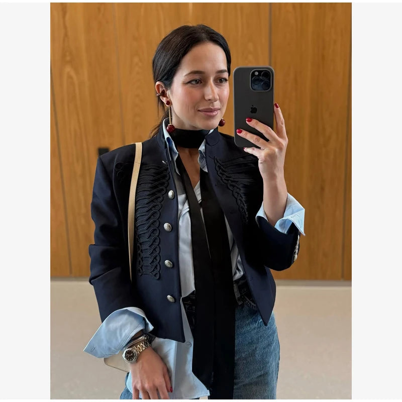 Retro Denim Military Jacket Women 2026
