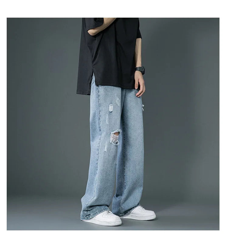 Ripped Jeans Men Ins Trendy - Straight Leg Loose Wide Leg
