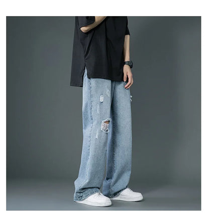 Ripped Jeans Men Ins Trendy - Straight Leg Loose Wide Leg