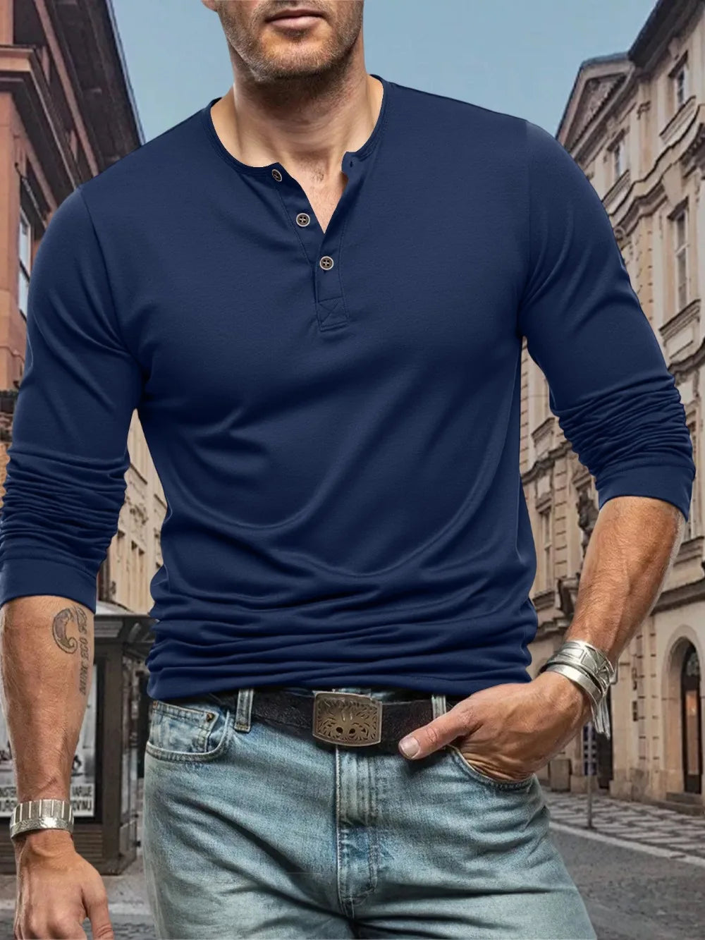 Men's Henley Slim Fit Sports Long Sleeve T-Shirt