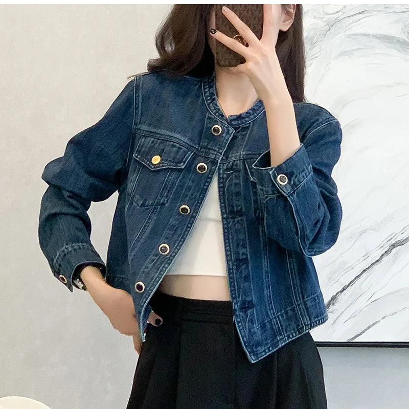 Vintage Women's O-Neck Denim Jacket Y2K