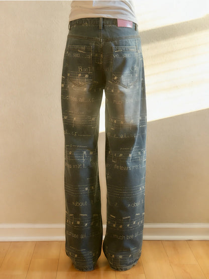 Düz Ayaqlı Yuyulmuş Naxışlı Denim Cins Şalvar - Boş Y2K