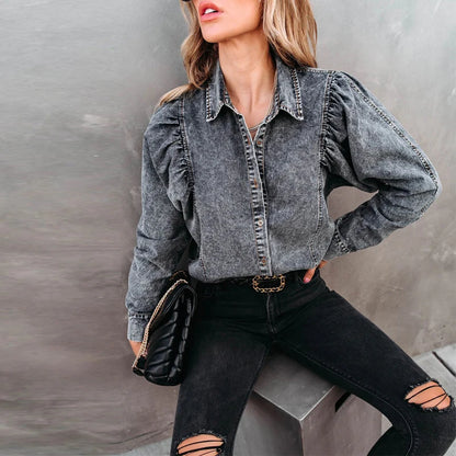 Women's Boho Denim Blouse Puff Sleeve Vintage Shirt