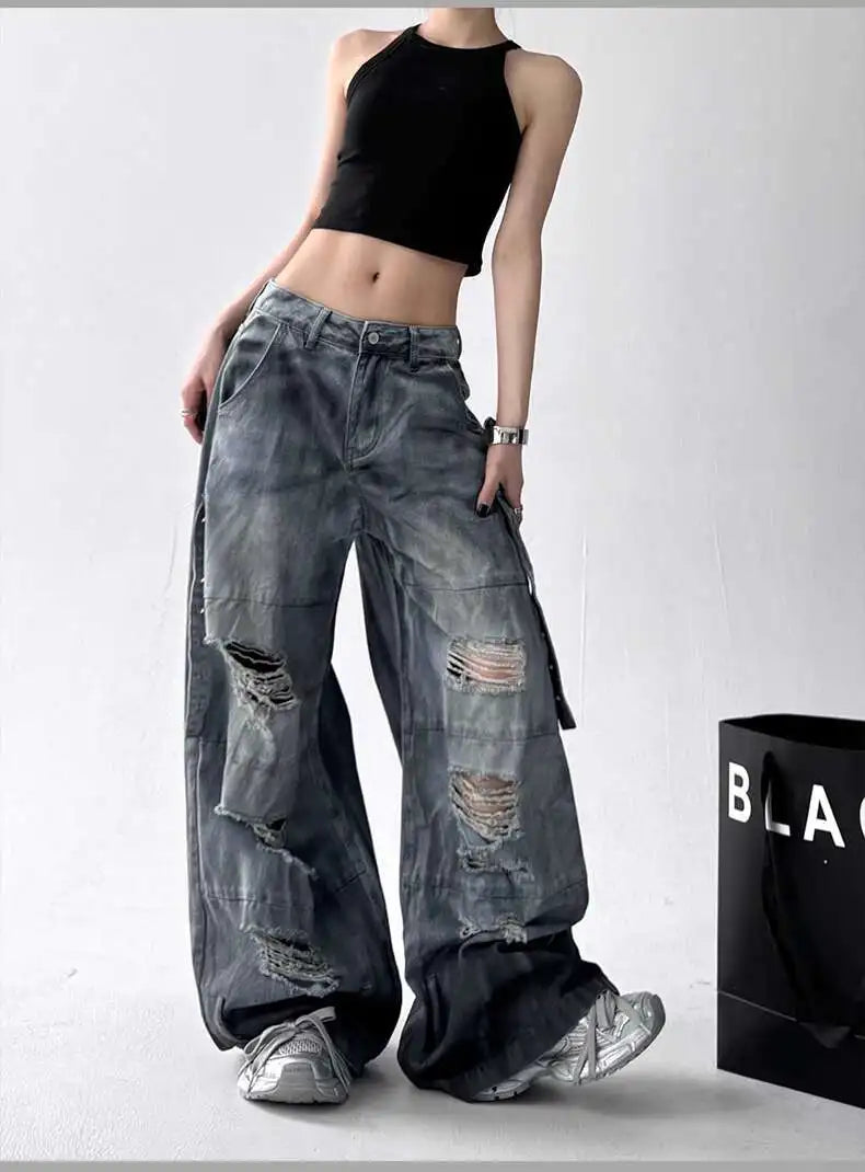 Women Jeans American High Street Ripped Straight Wide-Leg